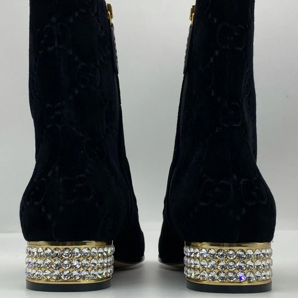 Gucci horsebit GG black velvet crystal heel ankle - Picture 6 of 12